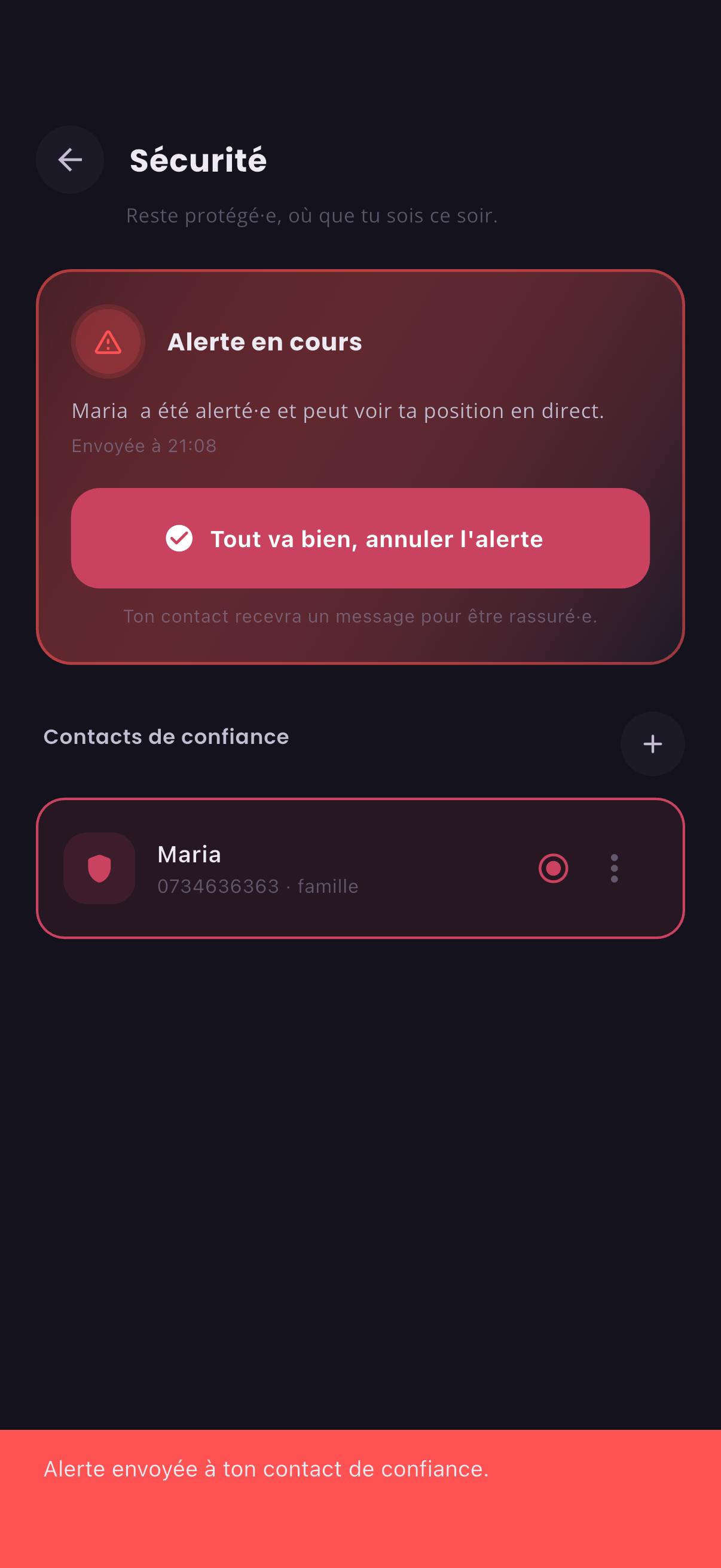 Alerte de sécurité envoyée au contact de confiance sur Repère